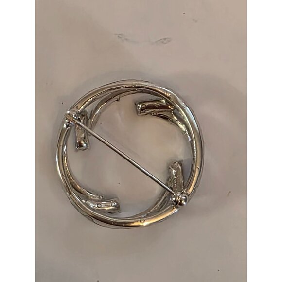 Vintage Silver Tone Circle Brooch With Green & Clear Rhinestones - Picture 4 of 5